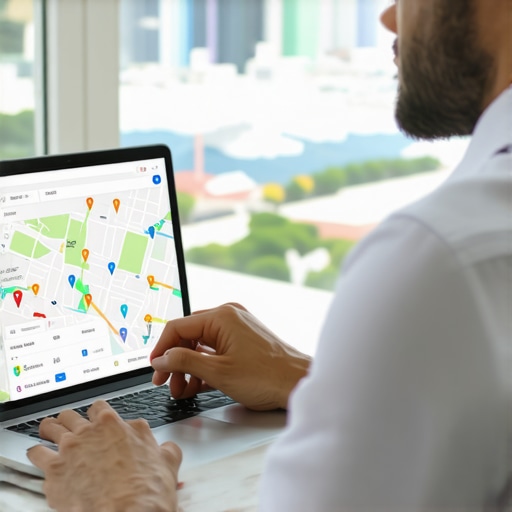 Analyzing Local SEO Data Business owner reviewing local map rankings and SEO analytics on a laptop.