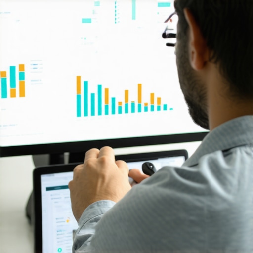 Business owner reviewing detailed local SEO metrics and charts on a monitor.