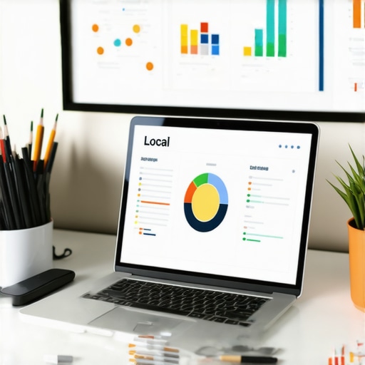 Laptop with local SEO analytics dashboard on screen, surrounded by SEO tools and charts.