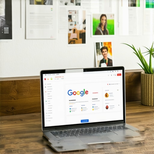 Business owner updating Google My Business profile on a laptop with analytic charts and images