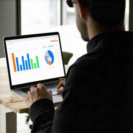 A person analyzing local SEO metrics on a laptop, illustrating tools used for GMB profile maintenance.