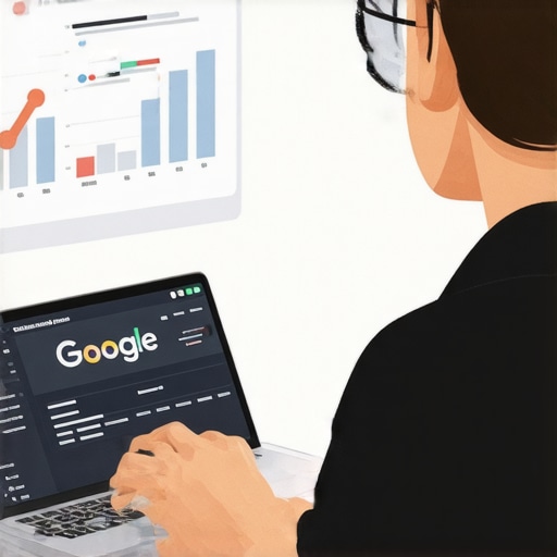 Business owner updating their GMB profile on a laptop, with charts showing improved rankings.