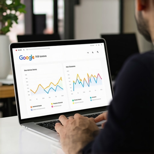 Business owner optimizing Google My Business profile on laptop, illustrating local SEO strategy.