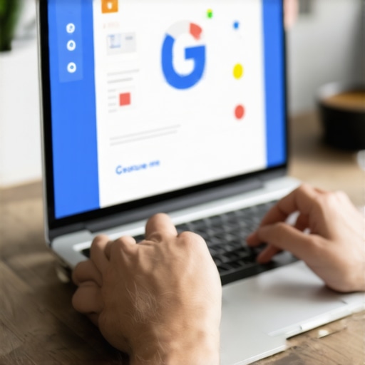 Person updating Google My Business profile on a laptop, with SEO icons surrounding.