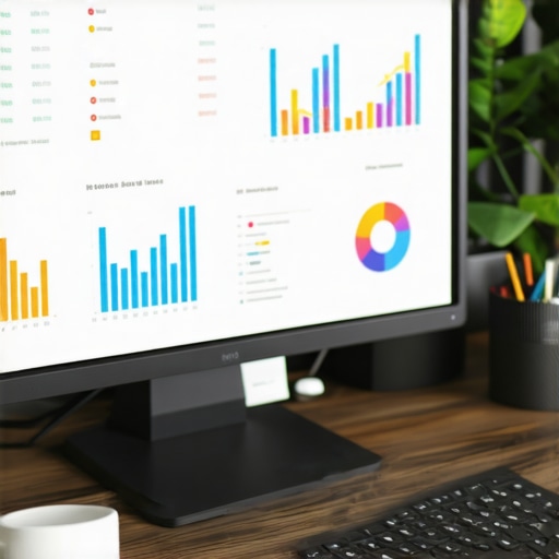 A workspace with monitors showing local SEO analytics and tools like BrightLocal and GeoRanker.