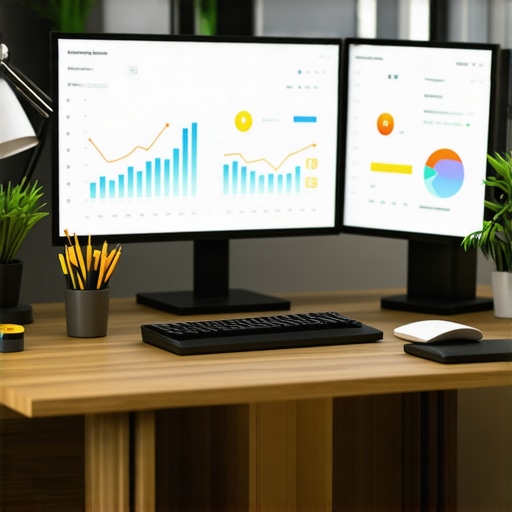 A workspace featuring multiple monitors displaying SEO analytics, local business profiles, and review management tools.