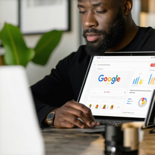 Business owner editing GMB profile on laptop showing analytics