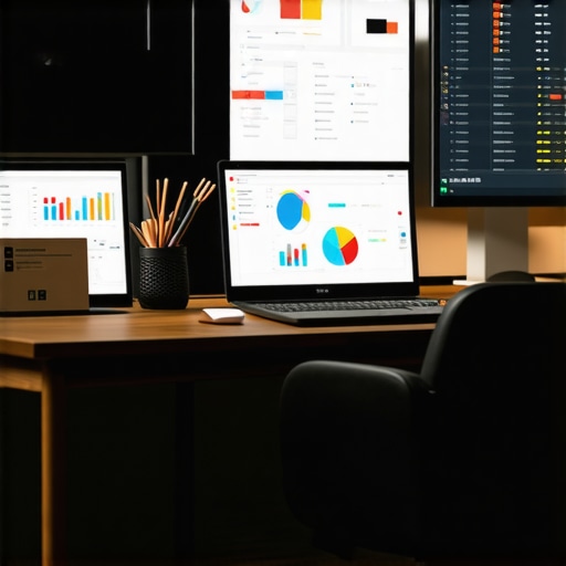 A workspace with computer monitors displaying local SEO rankings, analytics dashboards, and management tools.