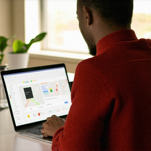 Business owner optimizing Google My Business profile on a laptop for better local ranking.